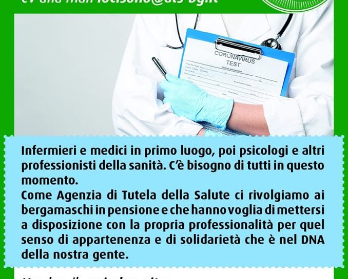 ATS Bergamo: “Cerchiamo infermieri, medici, psicologi”. Appello ai professionisti sanitari orobici in pensione