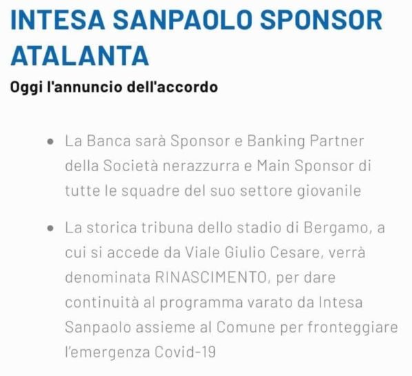 Intesa San Paolo diventa sponsor dell’Atalanta