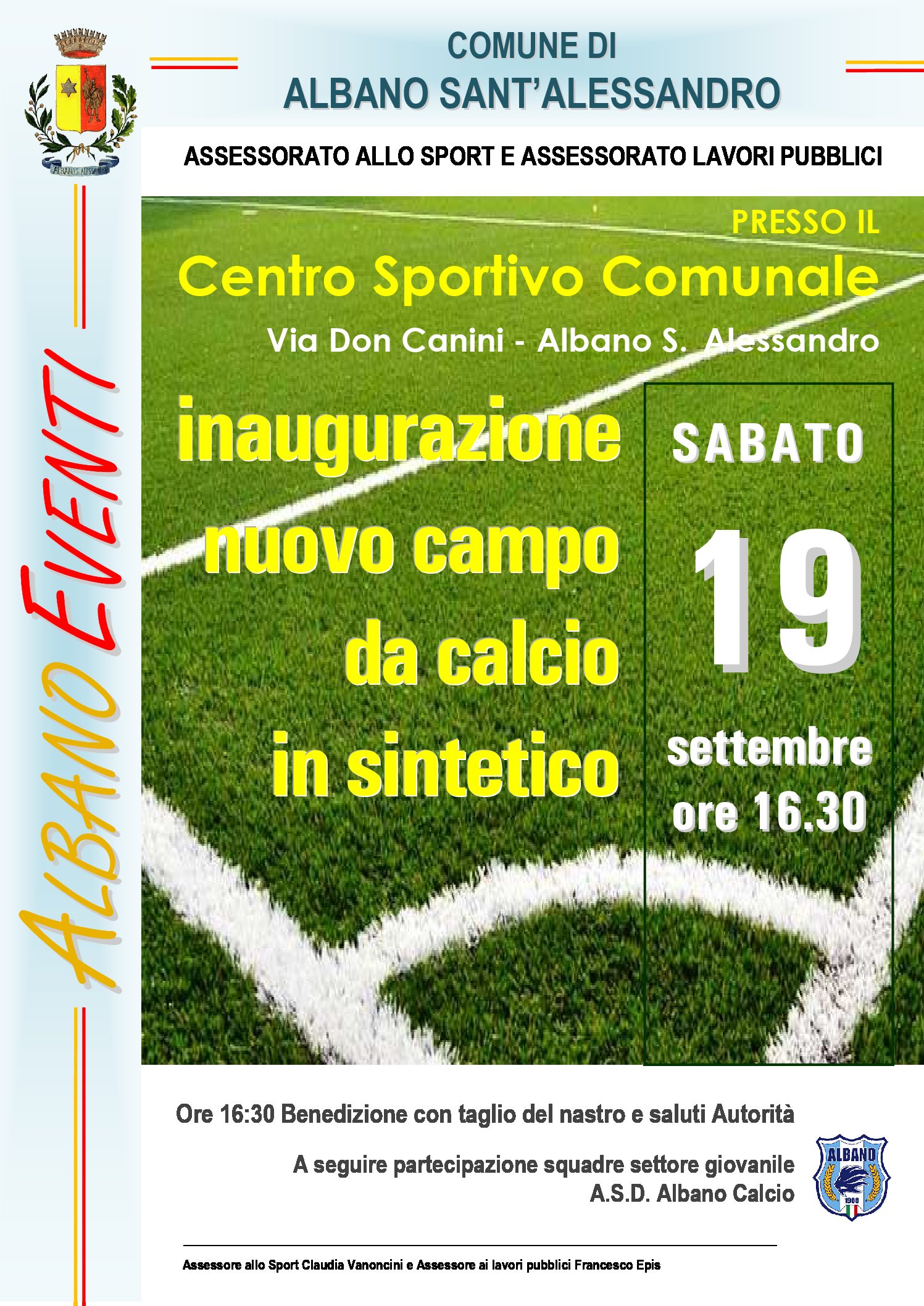 Sabato 19 settembre ad Albano l’inaugurazione del nuovo campo in sintetico