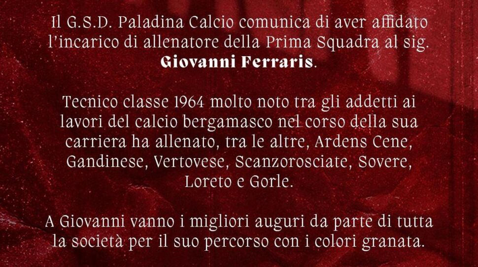 Ora è ufficiale: Ferraris nuovo allenatore del Paladina